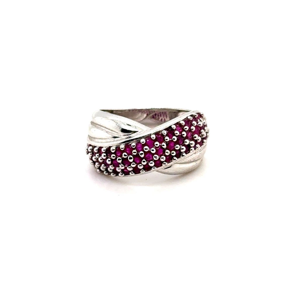 Sterling Silver Ruby Red Pave Crossover Bypass Statement Ring Size 8 7.7g